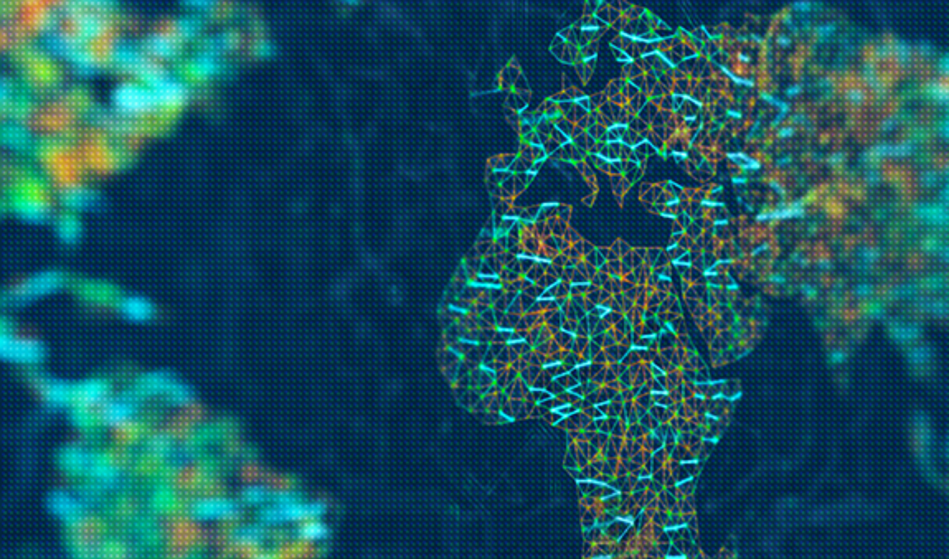 Abstract image of the globe, silhouette composed of interconnected lines and nodes on a blurred multicolored background.