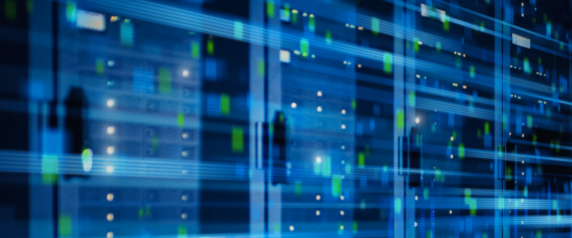 A row of server racks in a data center, illuminated by blue lights, showcasing advanced technology and organization.